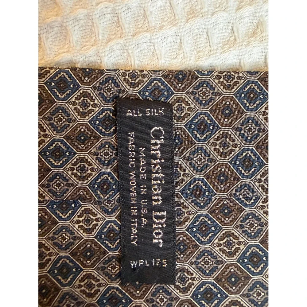 Christian Dior Necktie Mens One Size Brown Blue Geometric Silk Made in USA